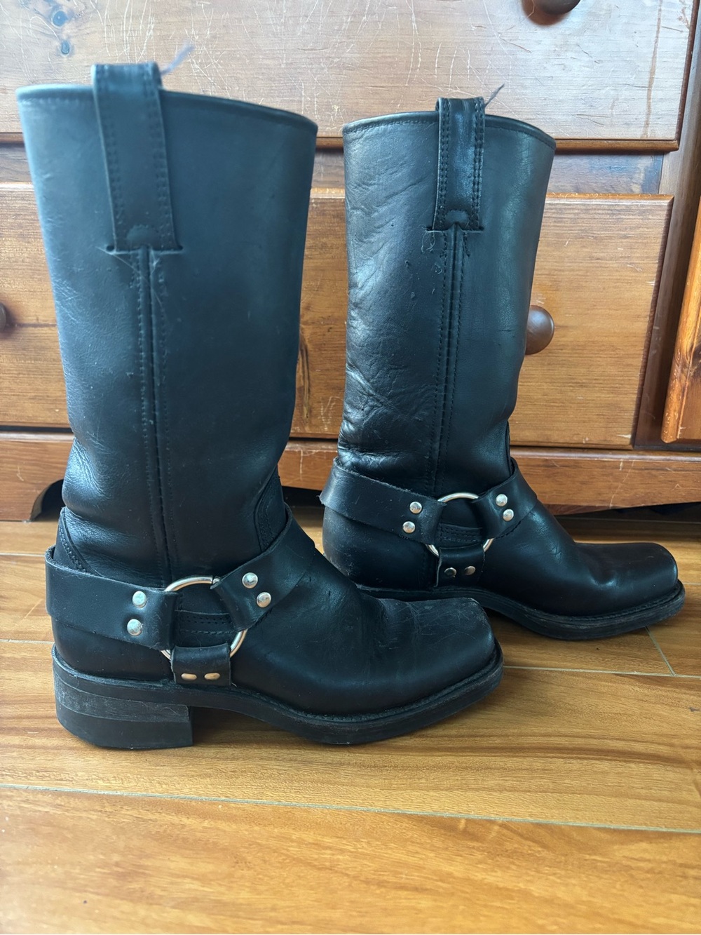 Frye Black Leather Harness Moto Boots